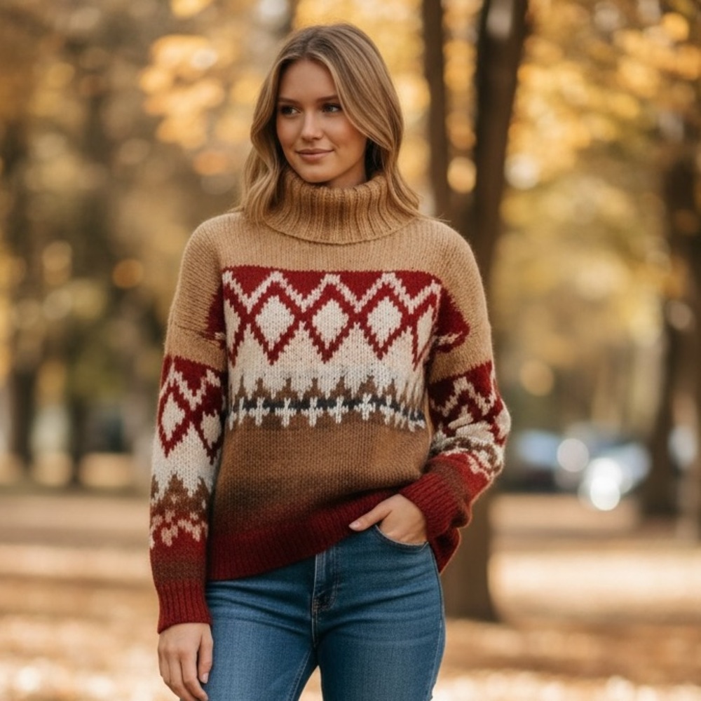 NWT Elsamanda Made in Italy Boucle Aztec Argyle Sweater Alpaca Wool Blend